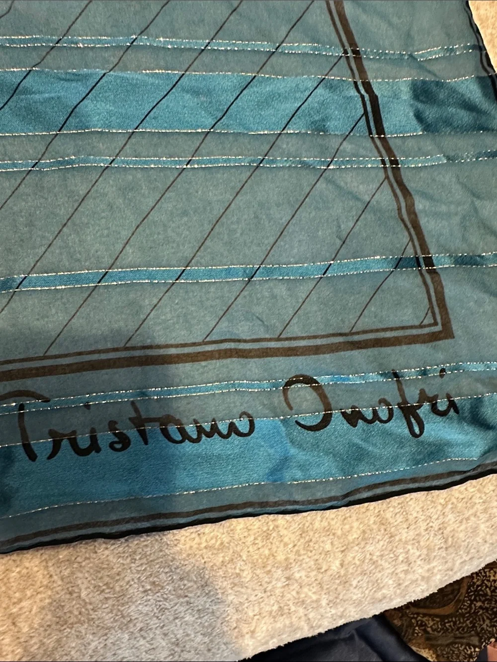 Silk-Blend Striped Scarf in Teal and Gray